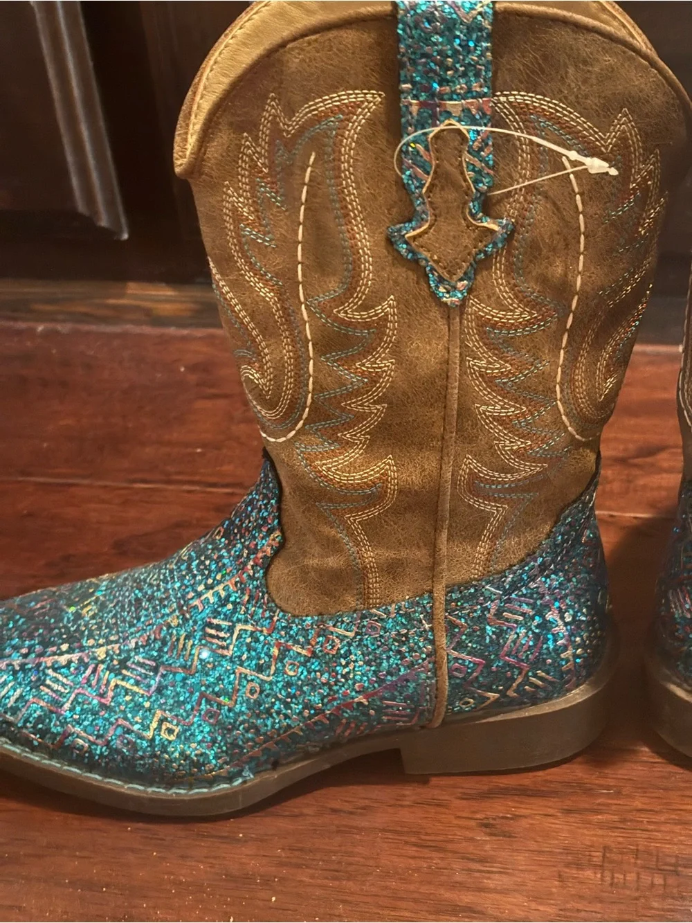Western-Style Little Kid’s  Boots in Teal Multicolor Embellishment
